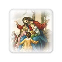 Quadretto in legno Gesù con pargoli con scatola regalo