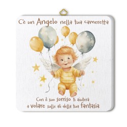 Quadretto in legno angioletto con palloncini con scatola regalo
