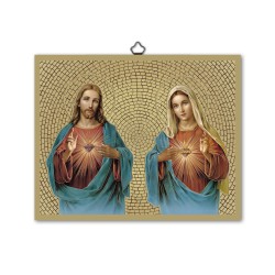 Quadretto in MDF con mosaico in lamina dorata del Sacro Cuore di Gesù e del Cuore Immacolato di Maria