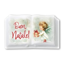 Magnete in resina porcellanata a forma di libro con angioletto che tiene un dono