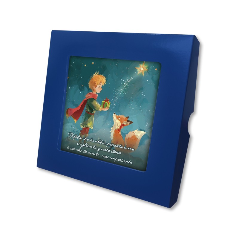 Piastrella 10x10 cm del Piccolo Principe che offre un dono alla volpe con scatola regalo Piastrella 10x10 cm del Piccolo Principe che offre un dono alla volpe con scatola regalo