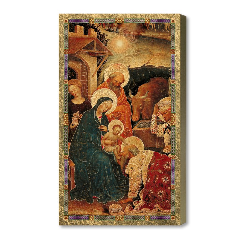 Tavola lignea con particolare dell'Adorazione dei Magi di Gentile da Fabriano e scatola regalo in ecopelle Tavola lignea con particolare dell'Adorazione dei Magi di Gentile da Fabriano e scatola regalo in ecopelle