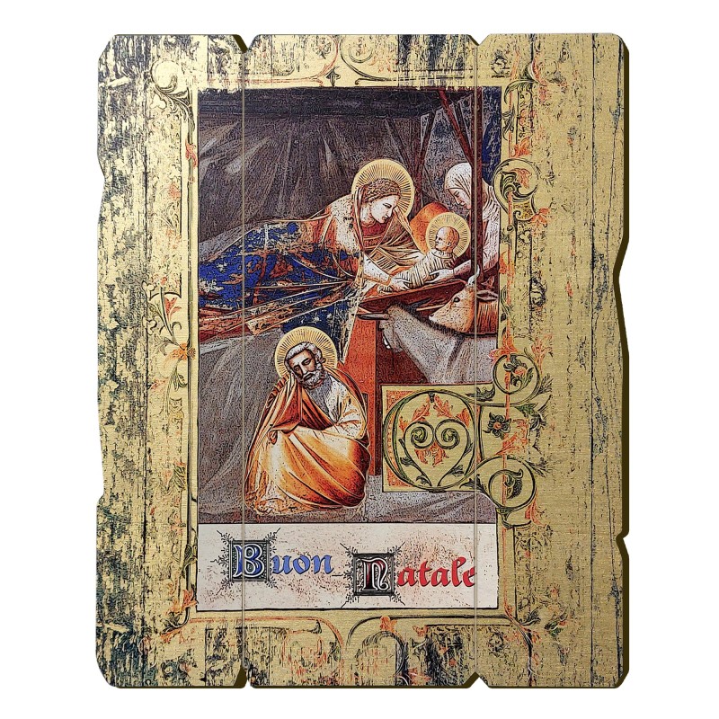 Quadro in legno sagomato stile vintage con la Natività di Giotto Quadro in legno sagomato stile vintage con la Natività di Giotto