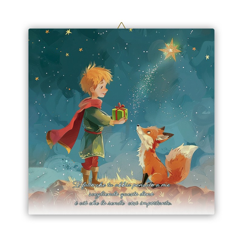 Tela 30x30 cm del Piccolo Principe che offre un dono alla volpe Tela 30x30 cm del Piccolo Principe che offre un dono alla volpe
