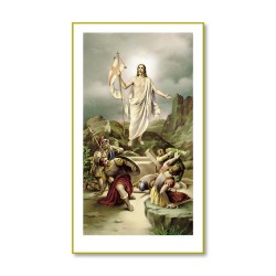 Santino con cornice bianca e bordino dorato di Gesù Risorto benedicente
