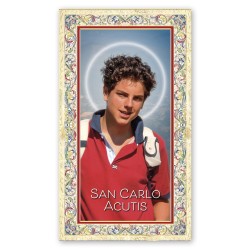 Santino Carlo Acutis con preghiera e finiture in oro a caldo