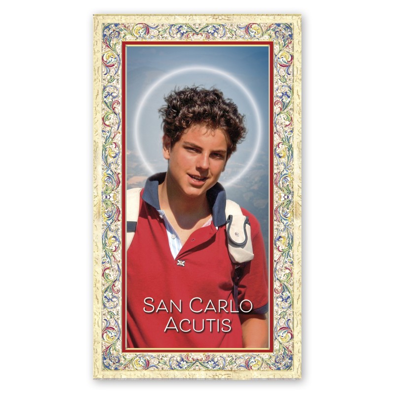 Santino Carlo Acutis con preghiera e finiture in oro a caldo Santino Carlo Acutis con preghiera e finiture in oro a caldo