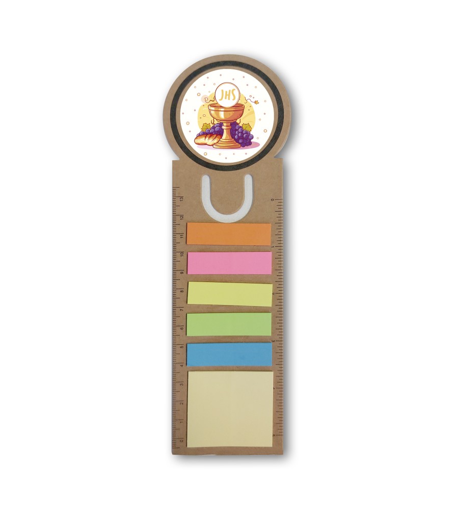 Segnalibro notepad con segnapagine adesivo e righello raffigurante la simbologia eucaristica di Prima Comunione Segnalibro notepad con segnapagine adesivo e righello raffigurante la simbologia eucaristica di Prima Comunione