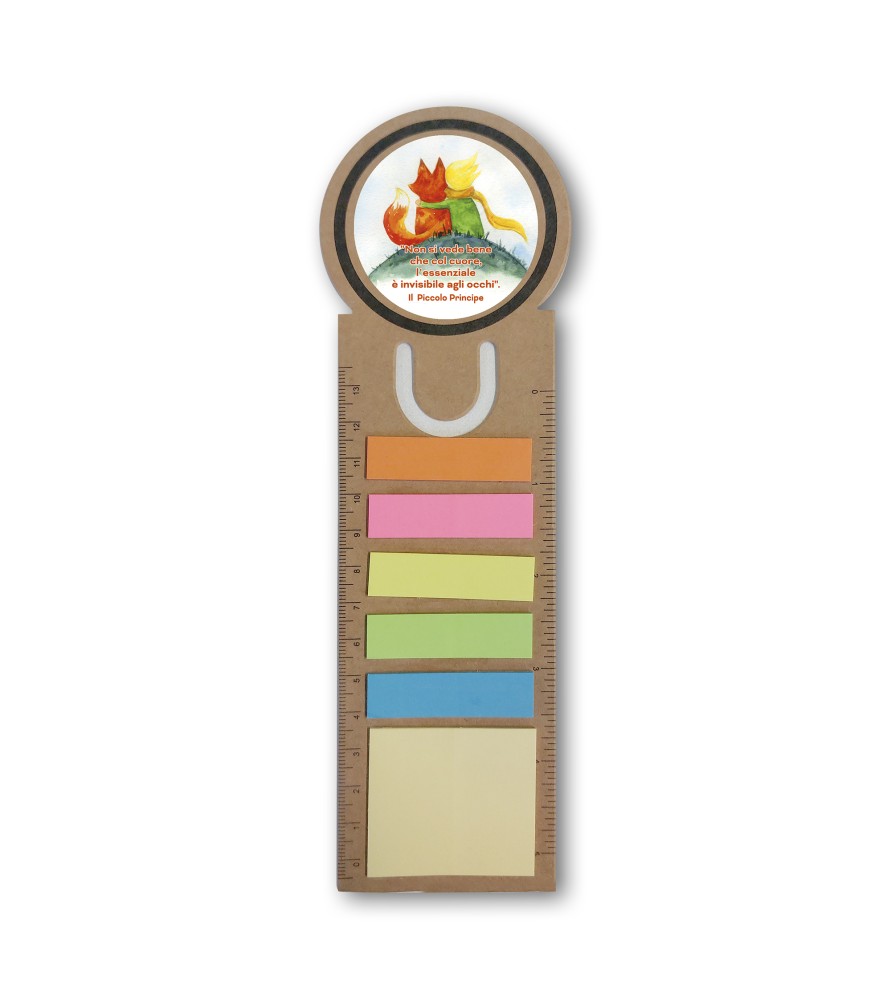 Segnalibro notepad con segnapagine adesivo e righello raffigurante il Piccolo Principe che abbraccia la sua amica volpe Segnalibro notepad con segnapagine adesivo e righello raffigurante il Piccolo Principe che abbraccia la sua amica volpe