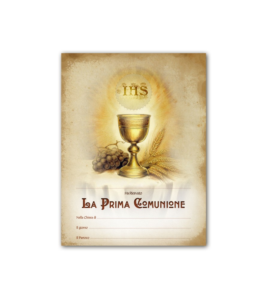 Diploma in carta pergamena per il ricevimento della Prima Comunione raffigurante simbologia eucaristica Diploma in carta pergamena per il ricevimento della Prima Comunione raffigurante simbologia eucaristica