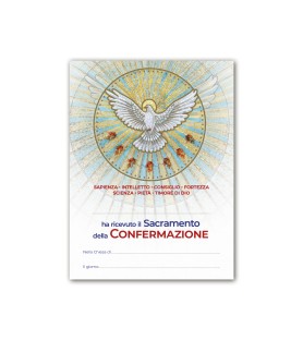 Diploma in carta pergamena per il ricevimento della Cresima raffigurante lo Spirito Santo e i Sette Doni