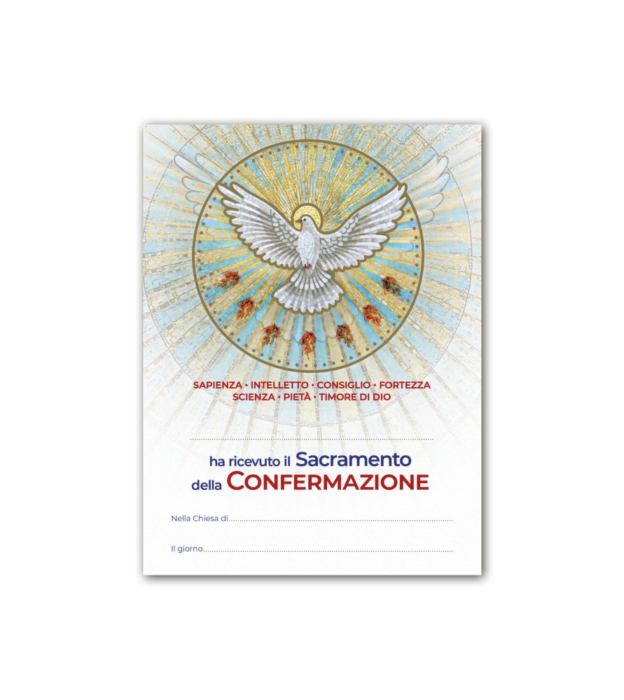 Diploma in carta pergamena per il ricevimento della Cresima raffigurante lo Spirito Santo e i Sette Doni Diploma in carta pergamena per il ricevimento della Cresima raffigurante lo Spirito Santo e i Sette Doni