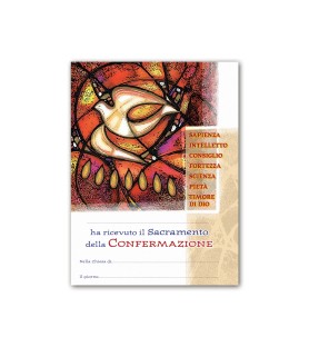 Diploma in carta pergamena per il ricevimento della Cresima raffigurante lo Spirito Santo e i Sette Doni