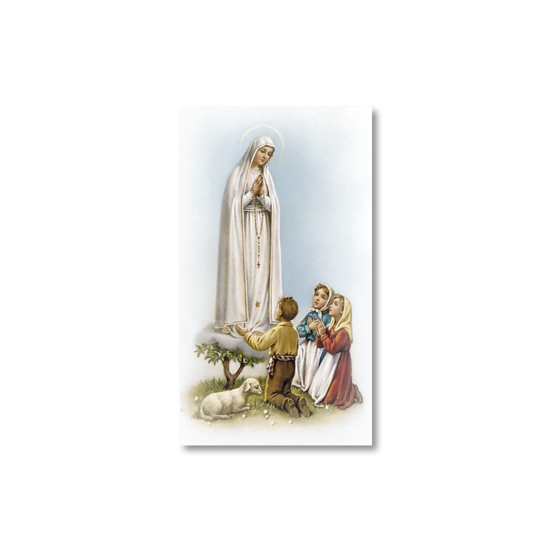 Santino Madonna di Fatima con i tre pastorelli con preghiera Santino Madonna di Fatima con i tre pastorelli con preghiera