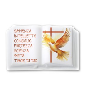 Soprammobile magnetico a forma di libro in resina porcellanata con simbologia eucaristica della Cresima