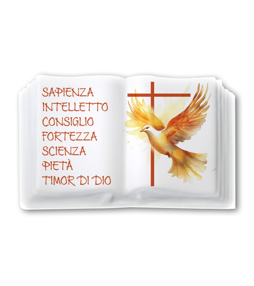 Soprammobile magnetico a forma di libro in resina porcellanata con simbologia eucaristica della Cresima Soprammobile magnetico a forma di libro in resina porcellanata con simbologia eucaristica della Cresima