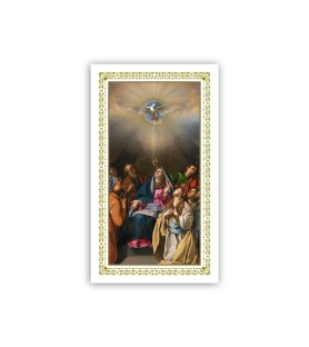 Immaginetta con particolari in oro a caldo e oro digitale raffigurante la discesa dello Santo su Maria e sugli apostoli