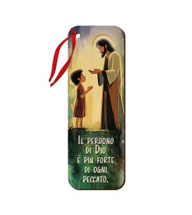 Segnalibro o chiudipacco stampato su legno con cordino raffigurante Gesù che accoglie un bambino