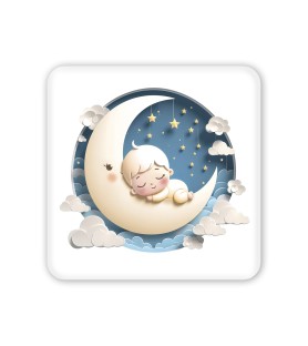 Quadretto in legno per il Battesimo con un bimbo sulla Luna e scatola regalo