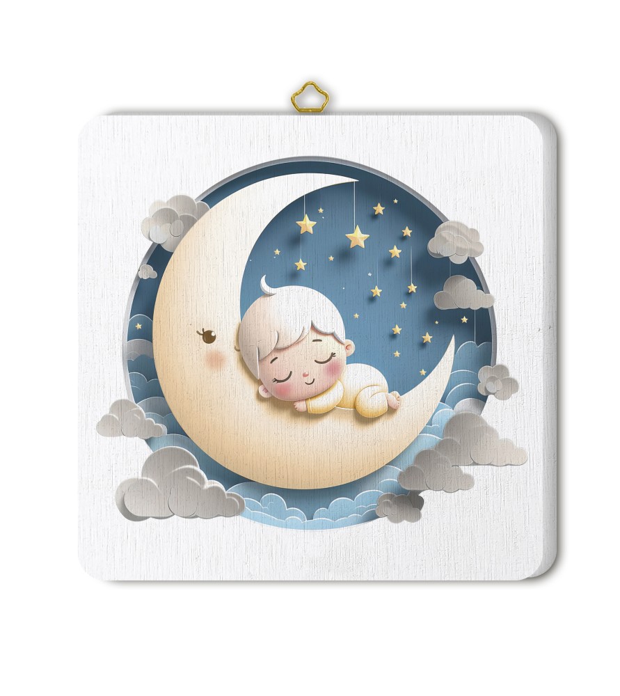 Quadretto in legno per il Battesimo con un bimbo sulla Luna e scatola regalo Quadretto in legno per il Battesimo con un bimbo sulla Luna e scatola regalo