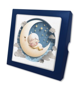 Quadretto in legno per il Battesimo con un bimbo sulla Luna e scatola regalo