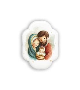 Soprammobile magnetico sagomato in resina porcellanata con Sacra Famiglia in versione acquerello