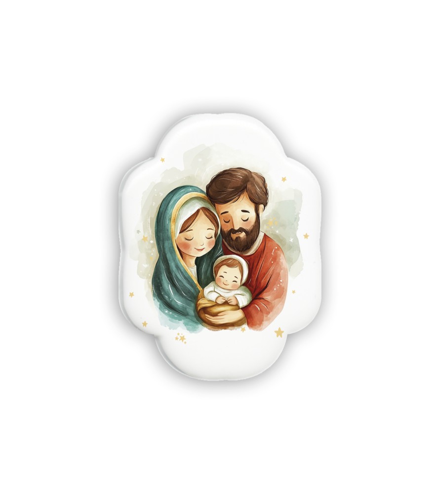 Soprammobile magnetico sagomato in resina porcellanata con Sacra Famiglia in versione acquerello