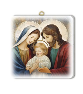Quadretto in legno raffigurante la Sacra Famiglia in versione neomoderna con scatola regalo