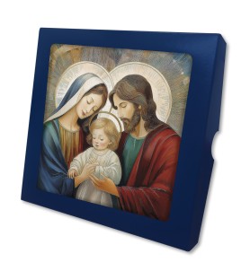 Quadretto in legno raffigurante la Sacra Famiglia in versione neomoderna con scatola regalo