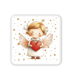 Quadretto in legno raffigurante un angioletto con un cuore in mano e scatola regalo