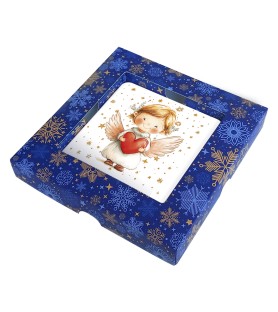 Quadretto in legno raffigurante un angioletto con un cuore in mano e scatola regalo