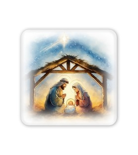 Quadretto in legno raffigurante la Sacra Famiglia in versione acquerello e scatola regalo