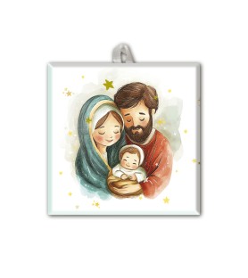 Piastrella con Sacra Famiglia in versione acquerello 10 x 10 cm in scatola regalo