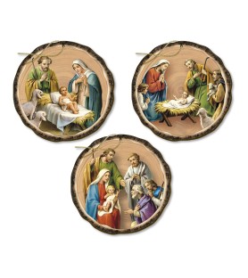 Decorazioni natalizie assortite stampate direttamente su legno con Natività Bonelliana