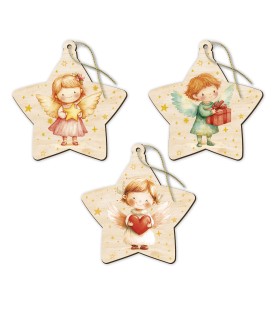 Decorazioni natalizie assortite a forma di stellina in pioppo con angioletti