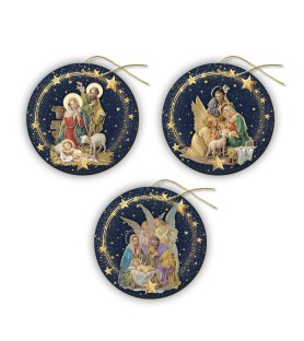 Decorazioni natalizie assortite a forma di pallina in MDF con la Sacra Famiglia della serie Messias