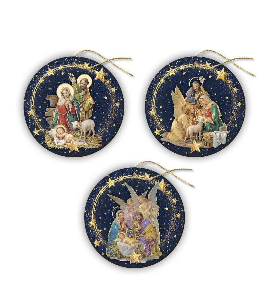 Decorazioni natalizie assortite a forma di pallina in MDF con la Sacra Famiglia della serie Messias