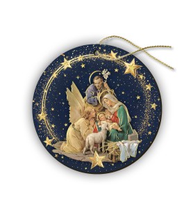 Decorazioni natalizie assortite a forma di pallina in MDF con la Sacra Famiglia della serie Messias
