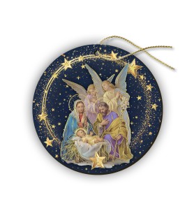 Decorazioni natalizie assortite a forma di pallina in MDF con la Sacra Famiglia della serie Messias