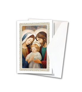 Biglietto in cartoncino con oro a caldo raffigurante la Sacra Famiglia in versione classica