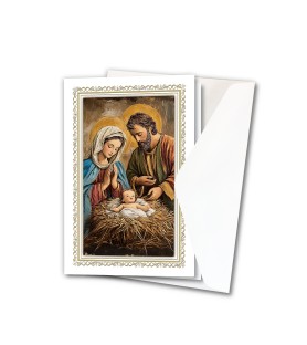 Biglietto in cartoncino con oro a caldo raffigurante la Sacra Famiglia in versione classica