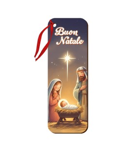 Segnalibro o chiudipacco stampato su legno con cordino raffigurante la Sacra Famiglia in versione cartoon