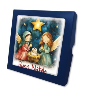 Quadretto in legno raffigurante due angioletti in adorazione di Gesù Bambino con scatola regalo