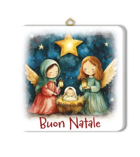 Quadretto in legno raffigurante due angioletti in adorazione di Gesù Bambino con scatola regalo