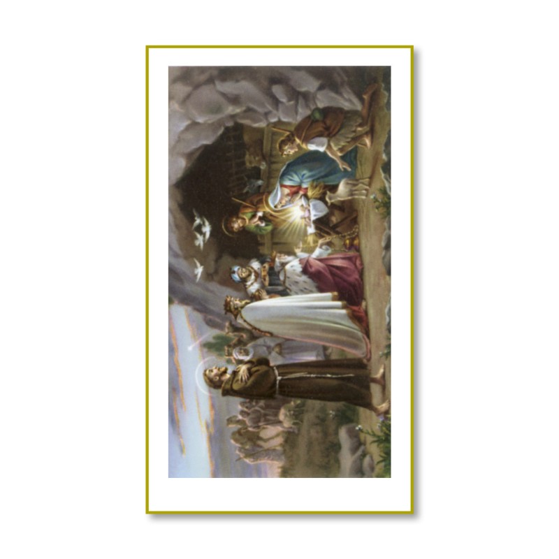 Santino con cornice bianca e bordino dorato della Natività con Magi e San Francesco Santino con cornice bianca e bordino dorato della Natività con Magi e San Francesco