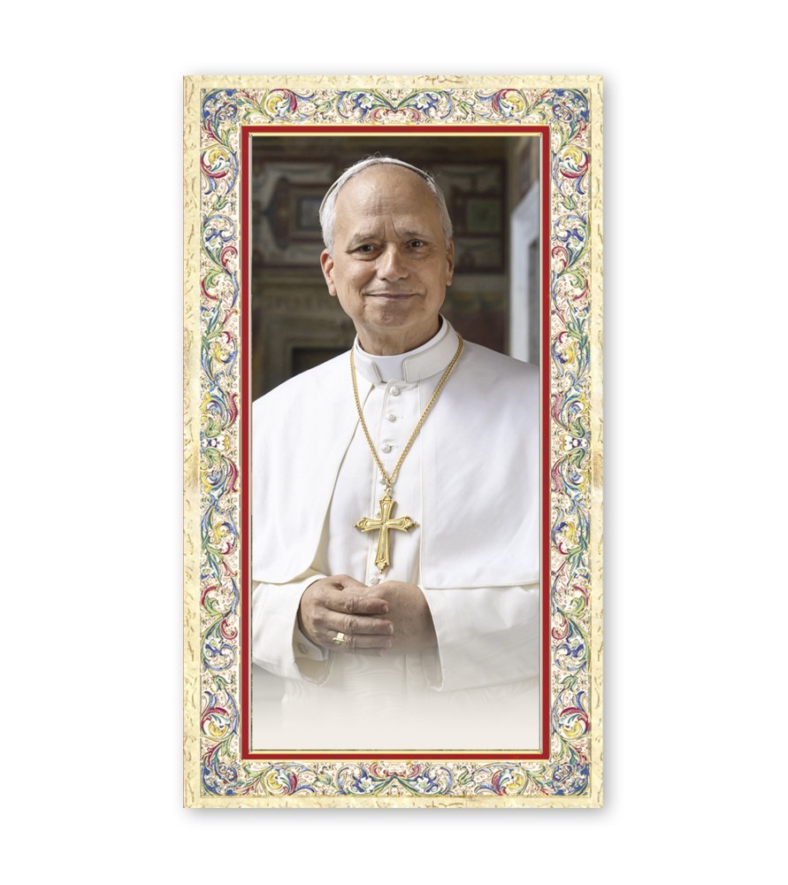 Santino Papa Leone XIV con preghiera e finiture in oro a caldo Santino Papa Leone XIV con preghiera e finiture in oro a caldo