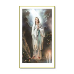 Santino con cornice bianca e bordino dorato della Madonna di Lourdes