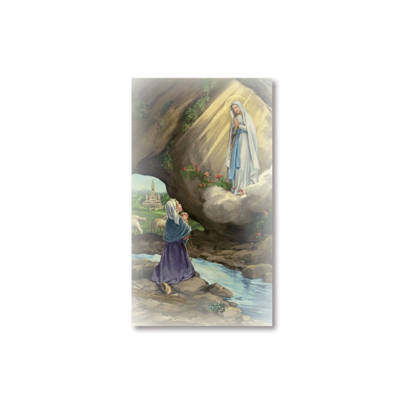 Santino Apparizione della Vergine di Lourdes a Bernadette con preghiera Santino Apparizione della Vergine di Lourdes a Bernadette con preghiera