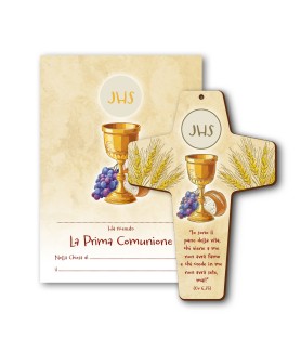 Croce in MDF con simbologia eucaristica della Prima Comunione