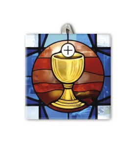 Piastrella con raffigurazione simbologia eucaristica di Prima Comunione f.to 10 x 10 cm